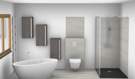 Plan 3D salle de bain complète avec baignoire ilot, douche italienne et toilette suspendu à Liège